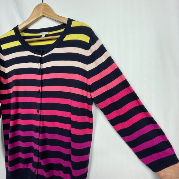 Talbots Striped Cardigan Size M Pink Yellow Navy Blue Button Down Twee Teacher - Picture 9 of 9